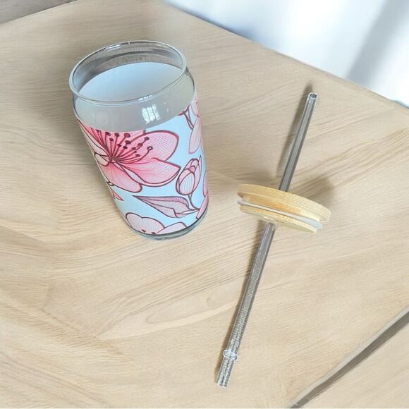 Floral Glass Can Tumbler with Straw NEW - Picture 2 of 3